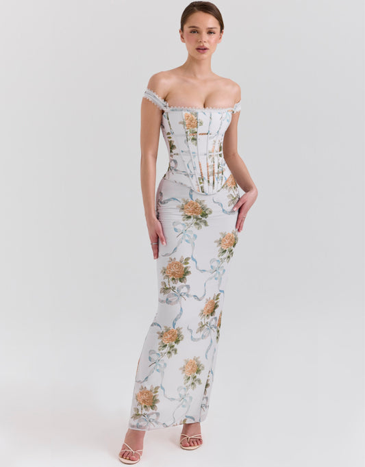 Floriane Corset Maxi Dress - Off-White Floral